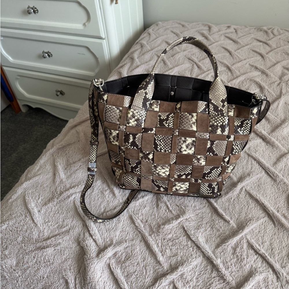 Brown and Tan Woven Handbag